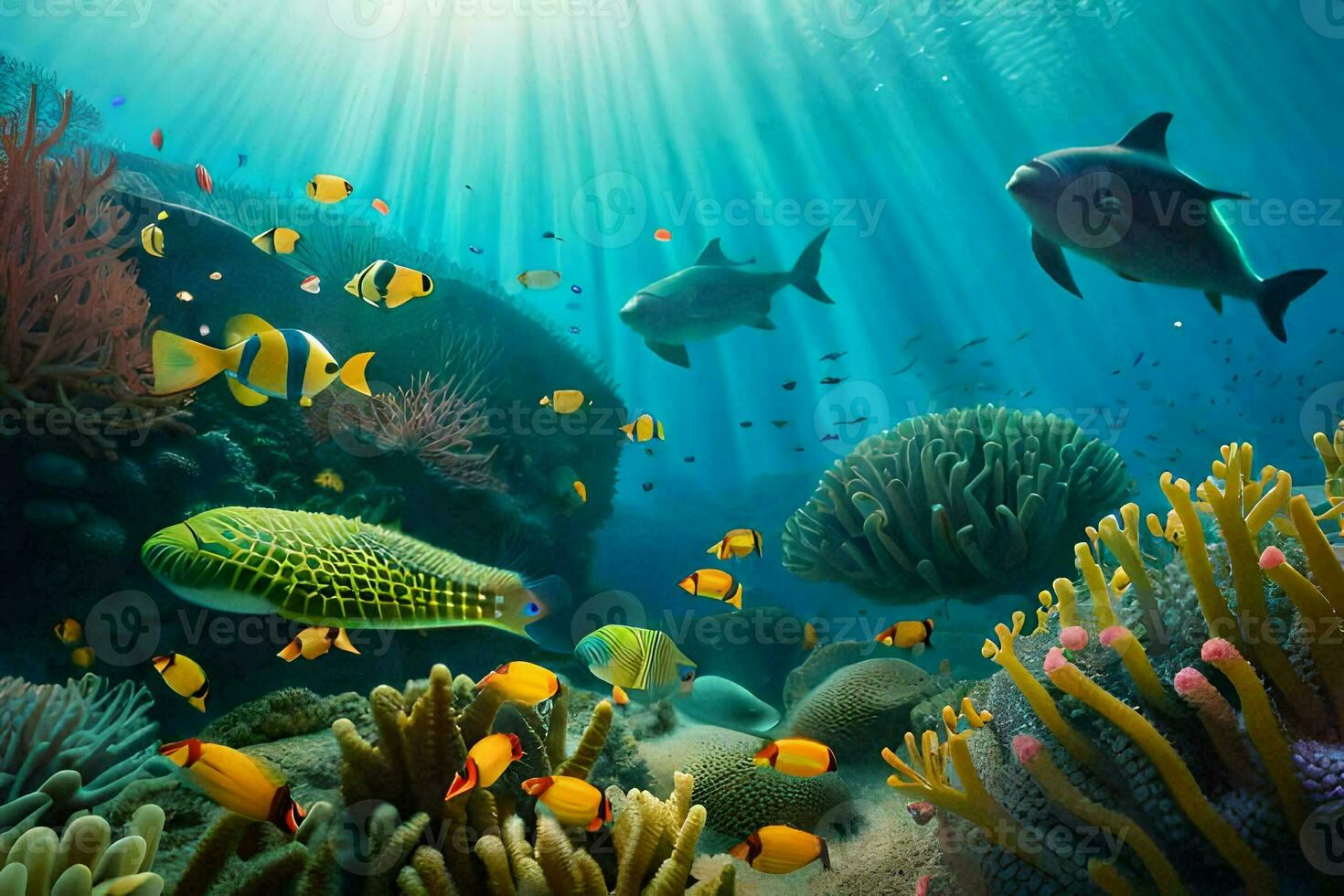 underwater scene with coral reefs and fish. AI-Generated photo