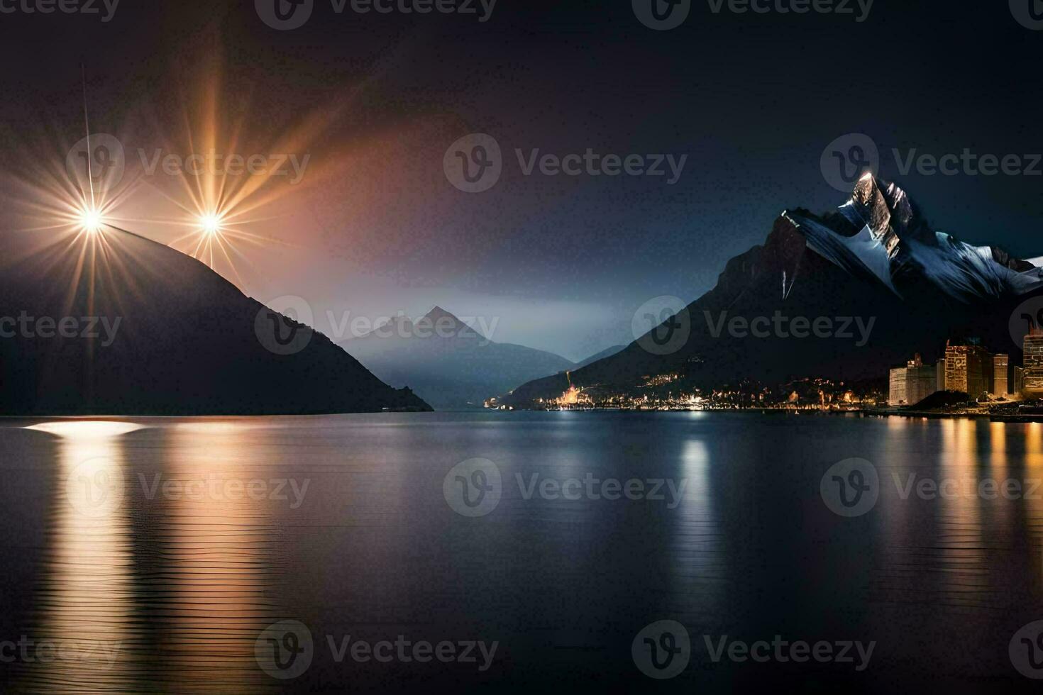 the moon is shining over a mountain range and a lake. AI-Generated photo