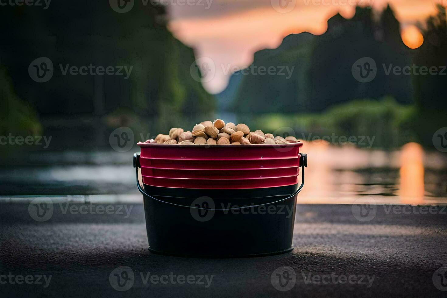 a bucket of nuts on the side of a lake. AI-Generated photo