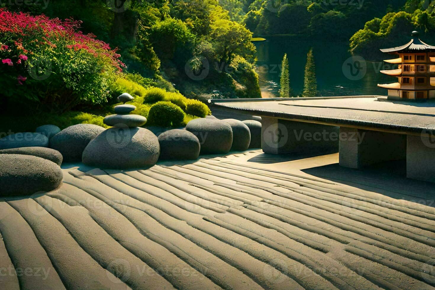 a japanese garden with rocks and a pagoda. AI-Generated photo