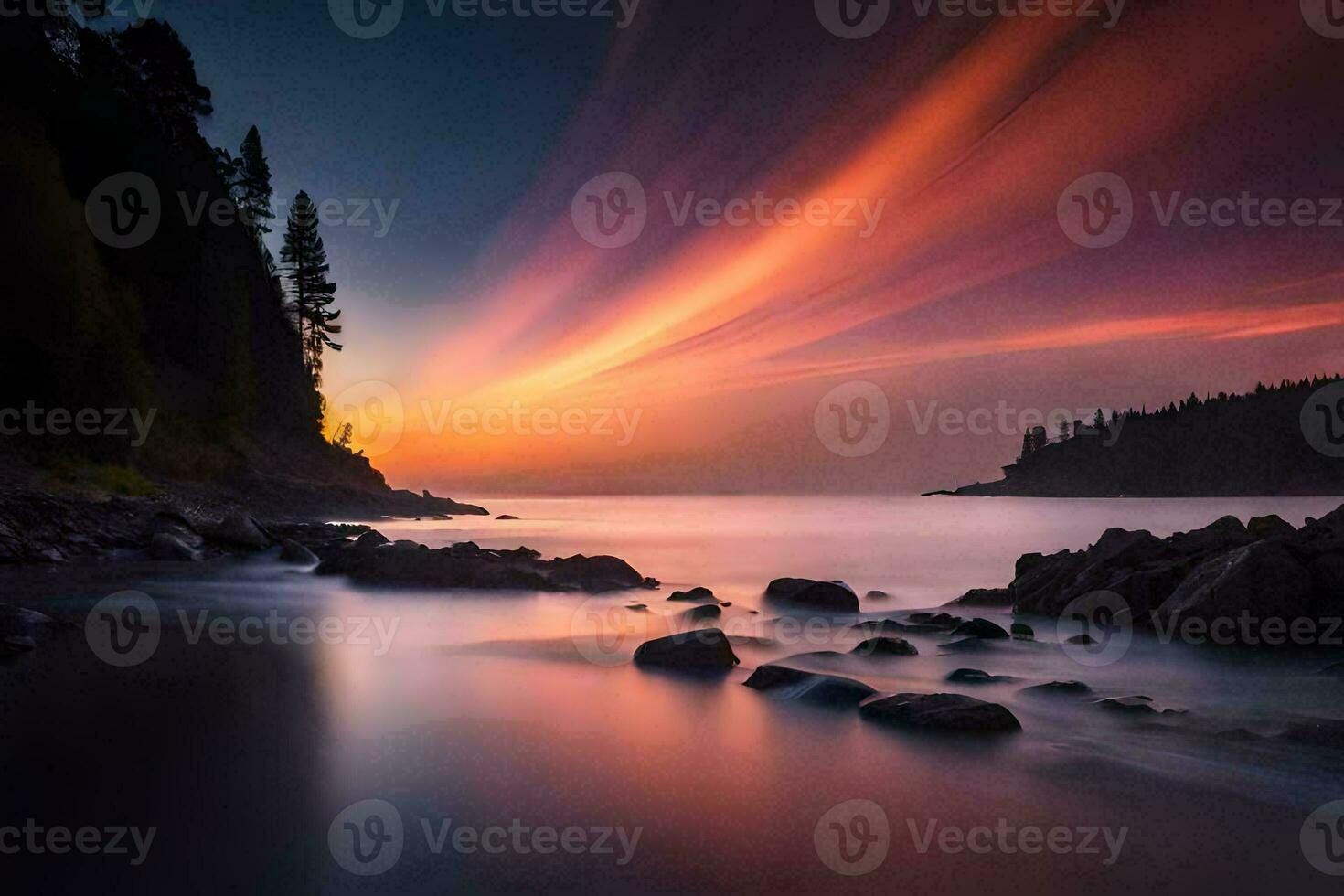 a beautiful sunset over the ocean with rocks and trees. AI-Generated photo