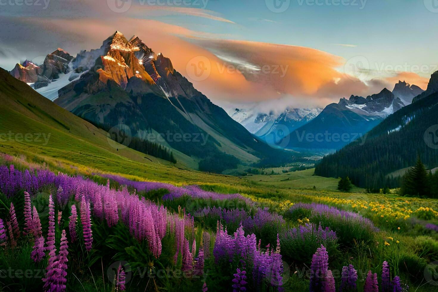 the sun rises over the mountains and flowers in the foreground. AI-Generated photo