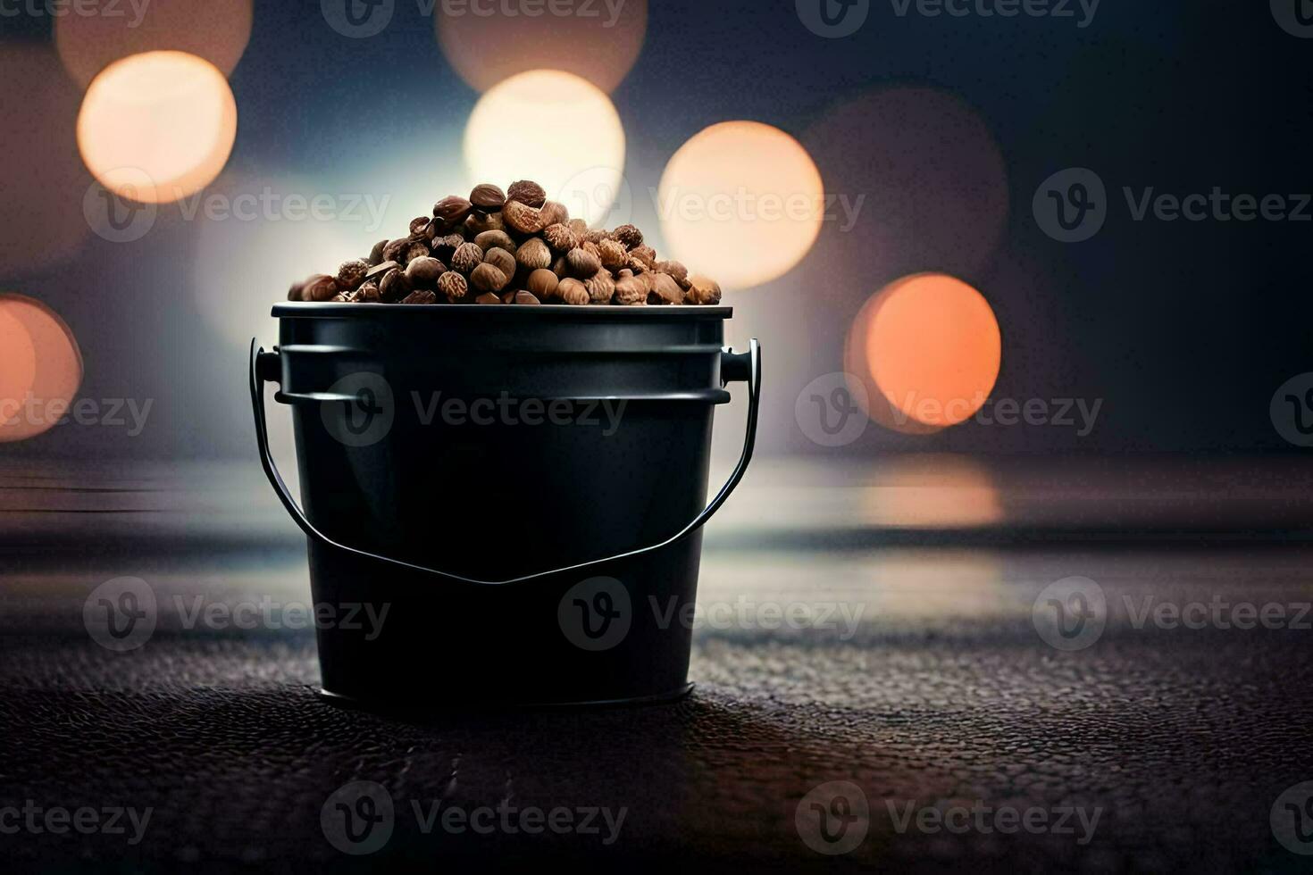 a bucket filled with nuts on a table. AI-Generated photo