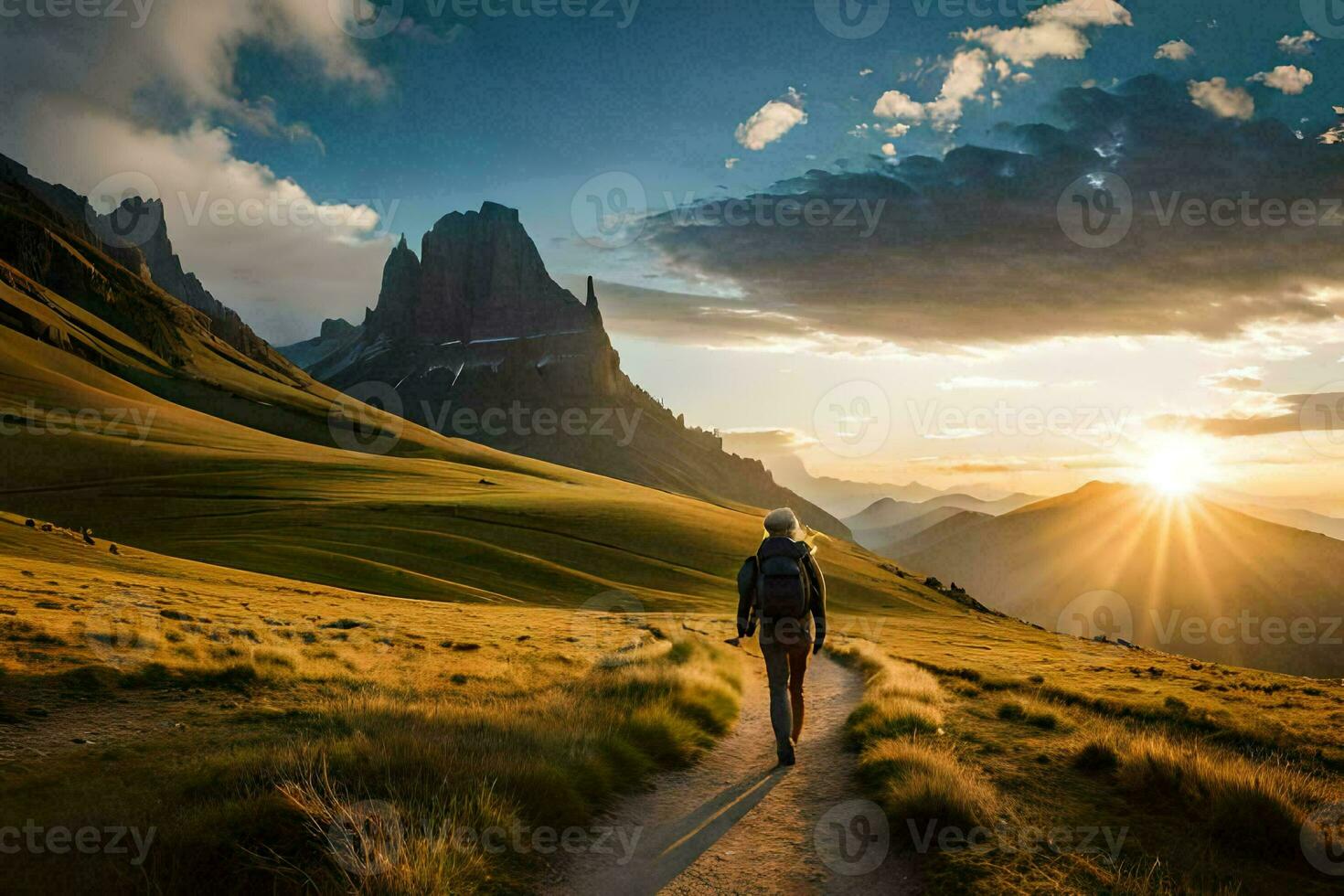 a person walking on a path in the mountains. AI-Generated photo