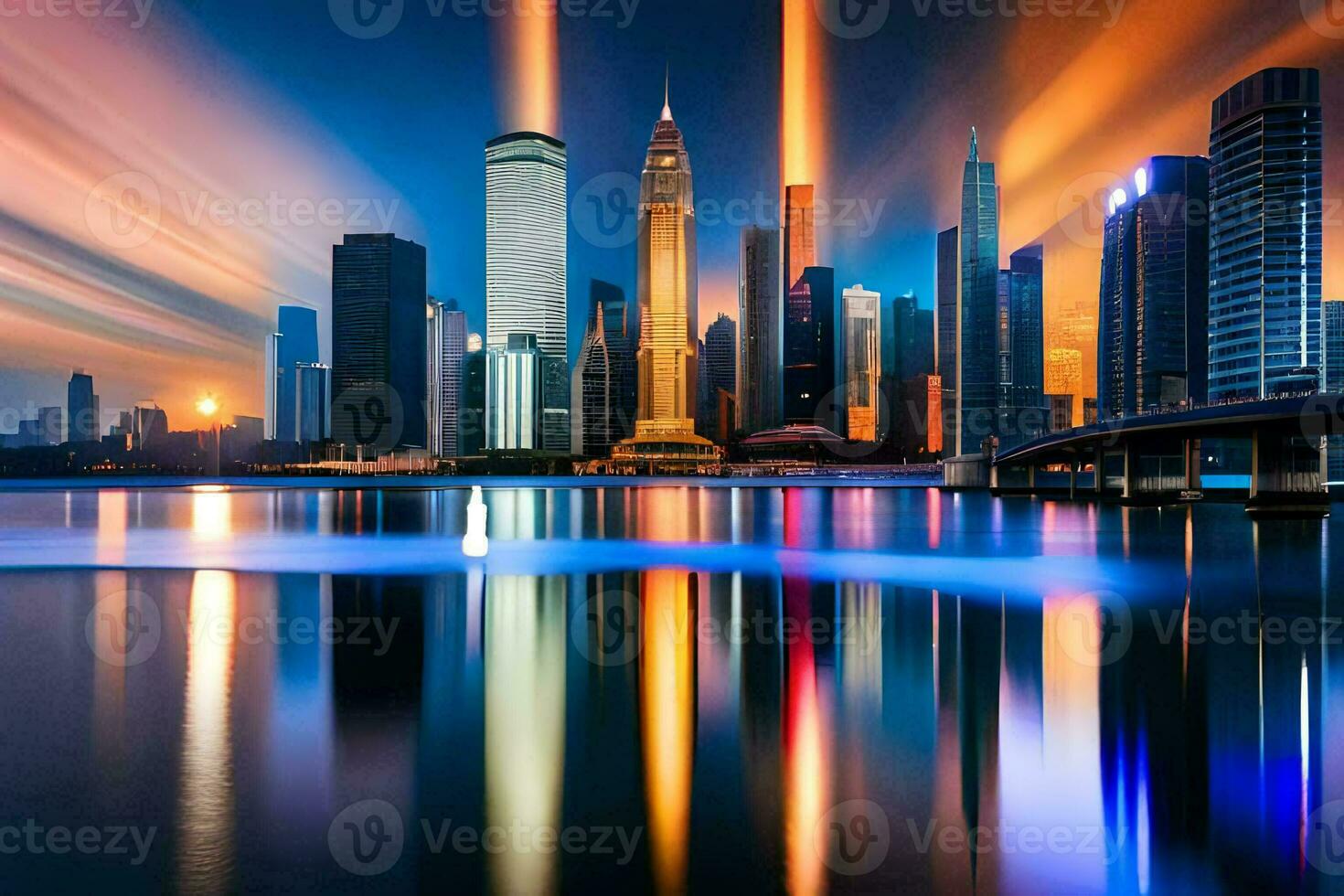 a city skyline at night with bright lights. AI-Generated photo