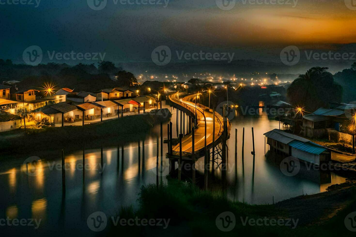 a bridge over a river at night with lights on. AI-Generated photo