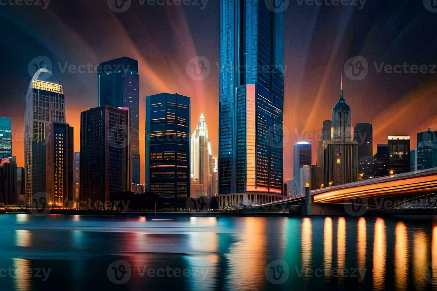 the city skyline at night with lights reflecting off the water. AI-Generated photo