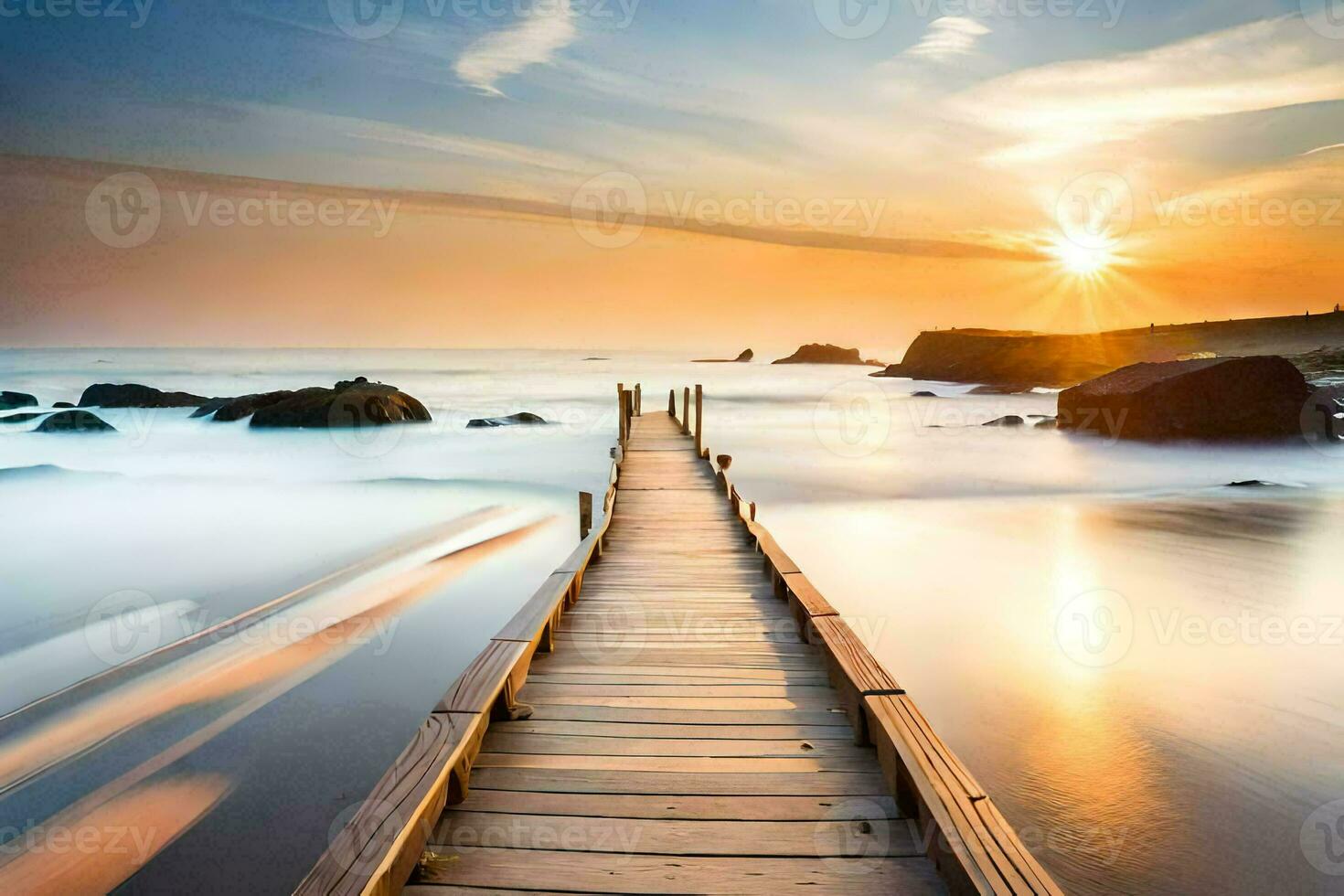 a wooden bridge leads to the ocean at sunset. AI-Generated photo