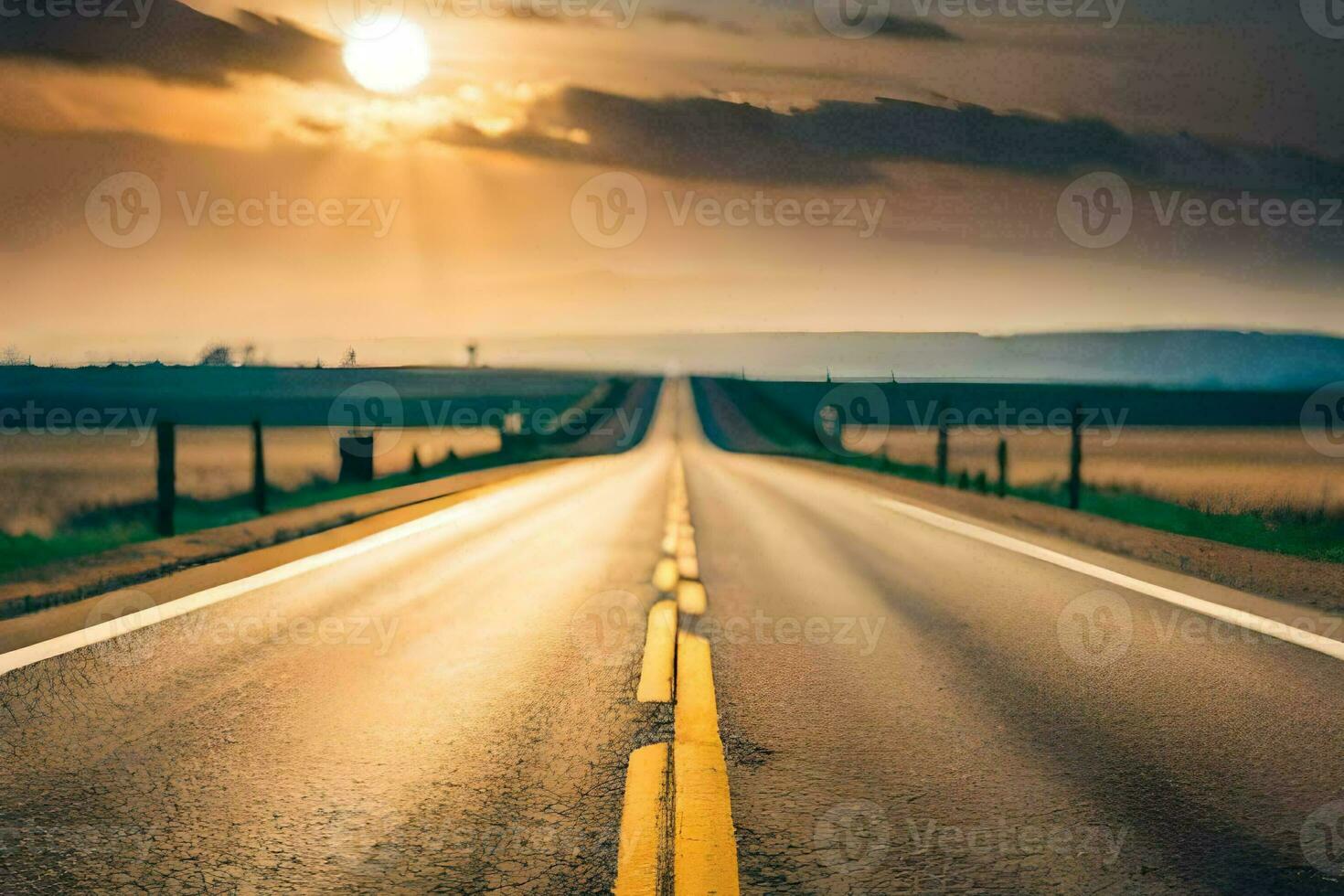 a long empty road with the sun setting behind it. AI-Generated photo