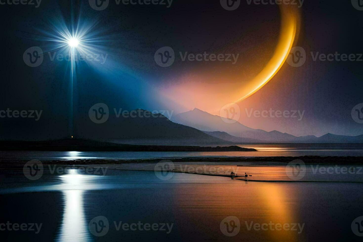 a crescent moon is reflected in the water. AI-Generated photo