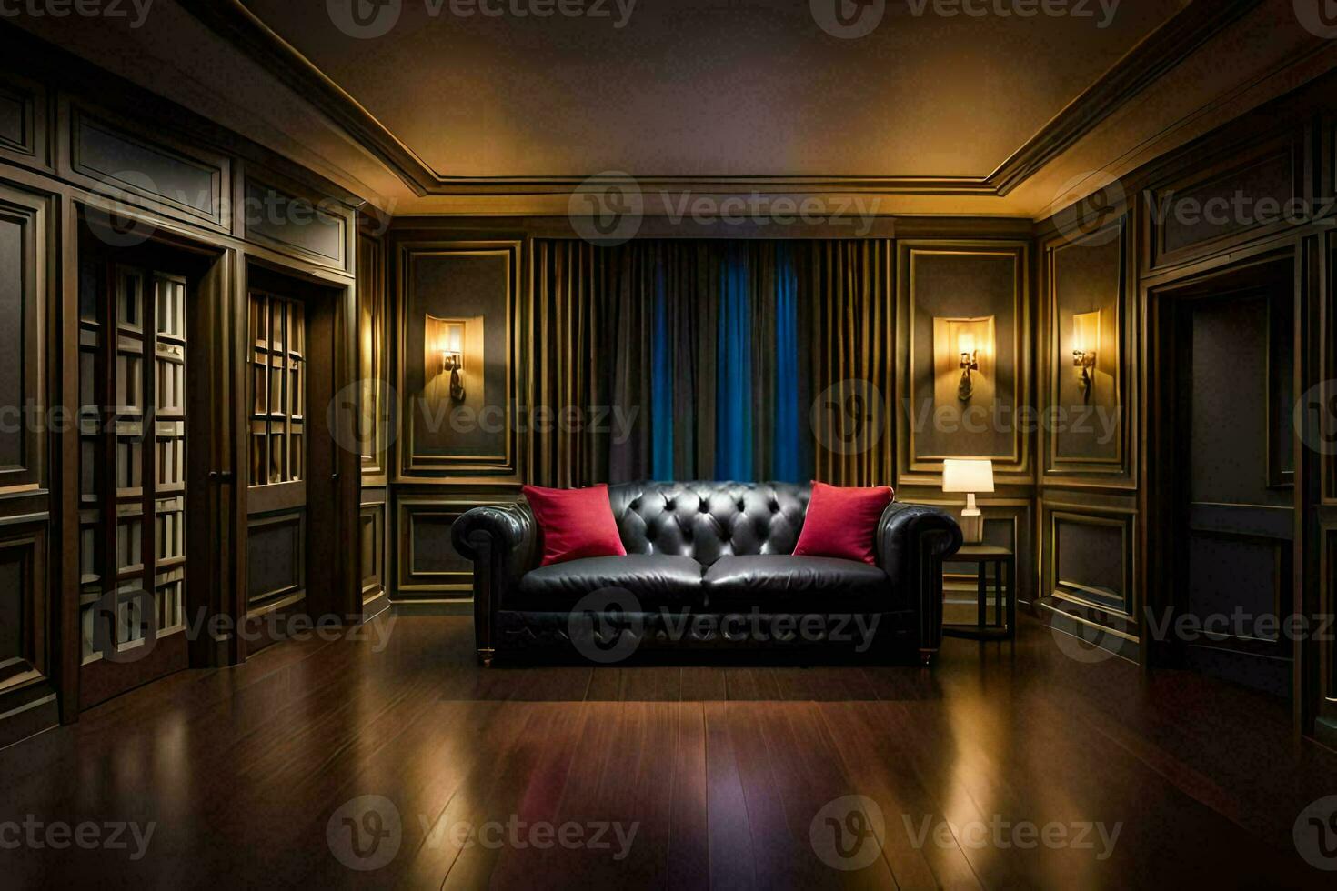a room with a black leather couch and two windows. AI-Generated photo