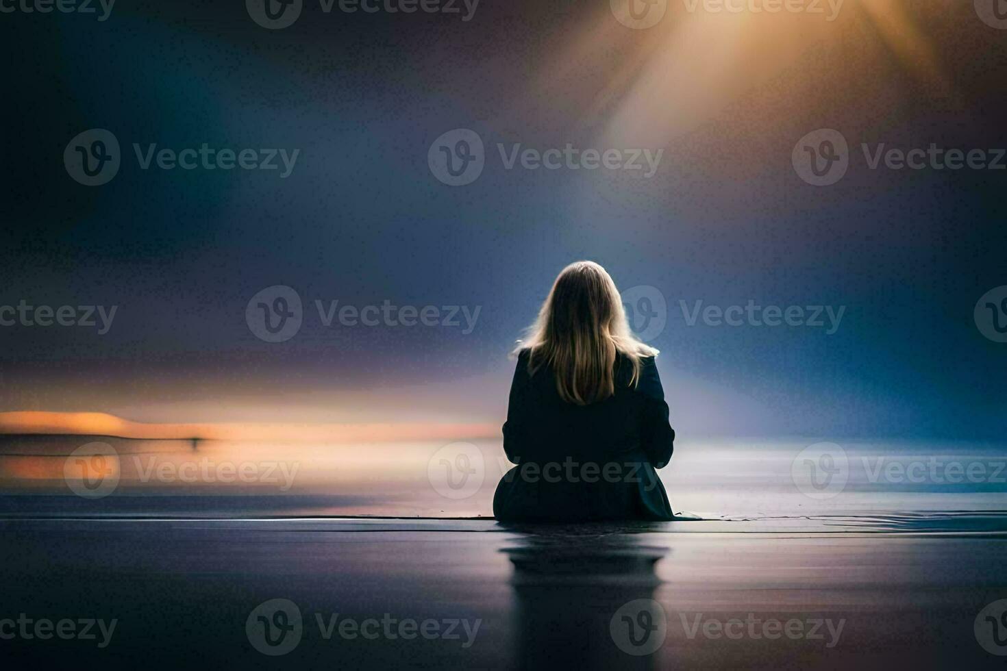 a woman sitting on the beach in front of the sun. AI-Generated photo