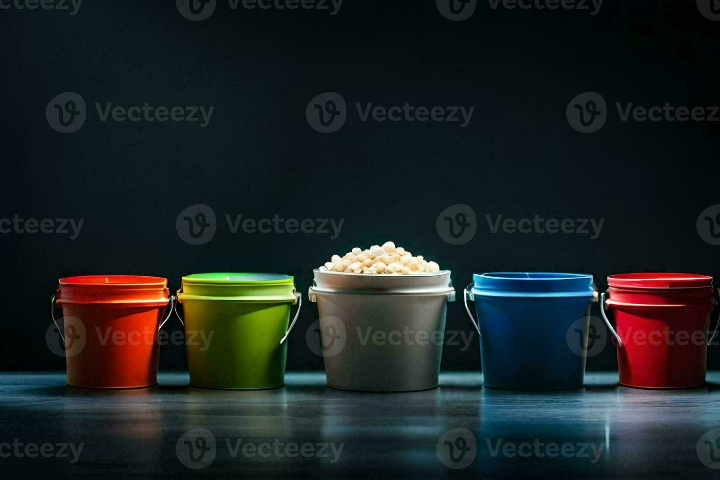 five buckets of popcorn on a dark table. AI-Generated photo