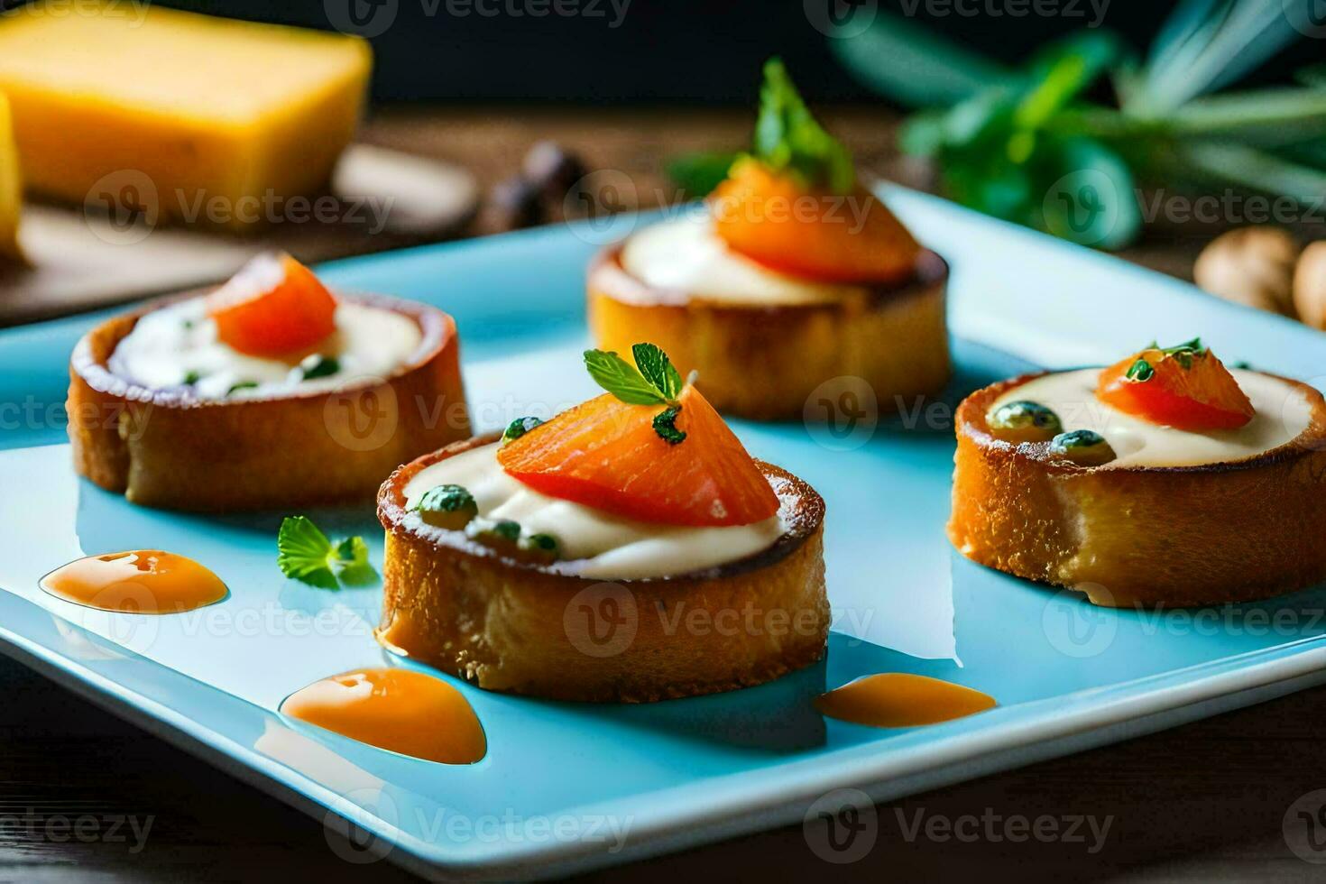 small appetizers on a blue plate with cheese and tomatoes. AI-Generated photo