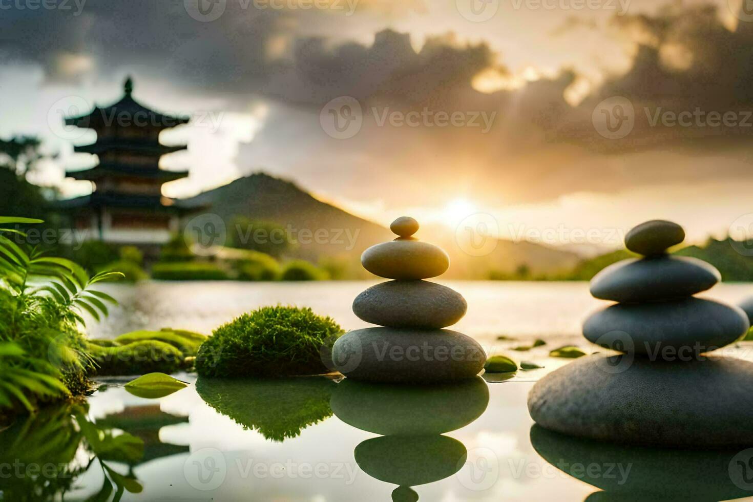 the sun rises over the lake in the background. AI-Generated photo