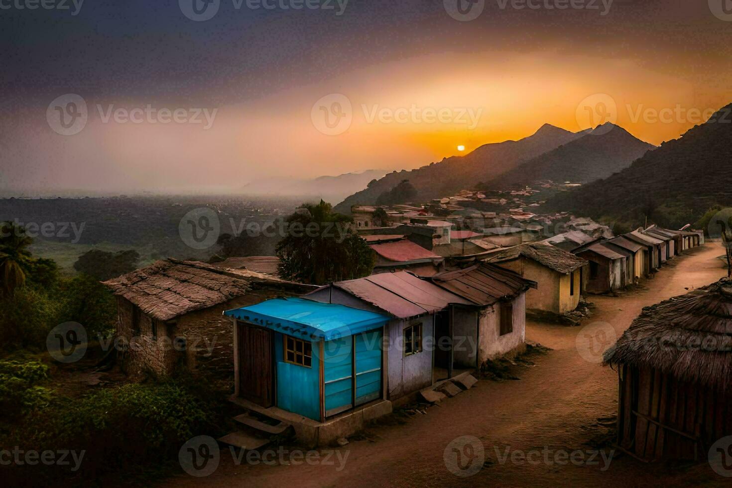 a village at sunset with blue huts. AI-Generated photo