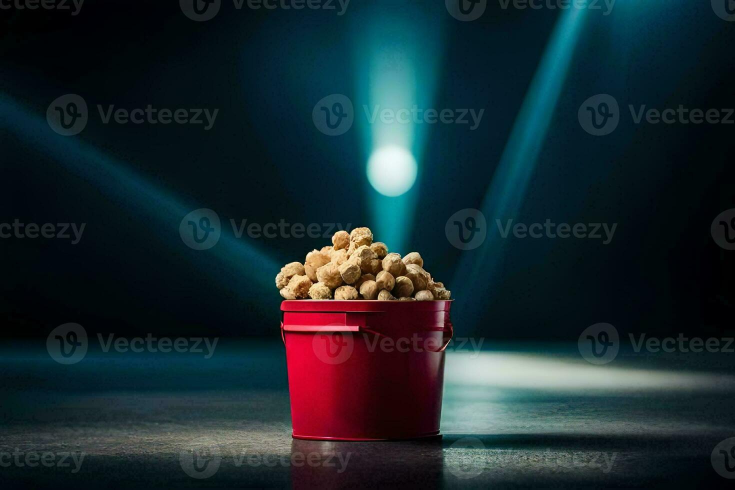a bucket of peanuts on a table in front of a spotlight. AI-Generated photo