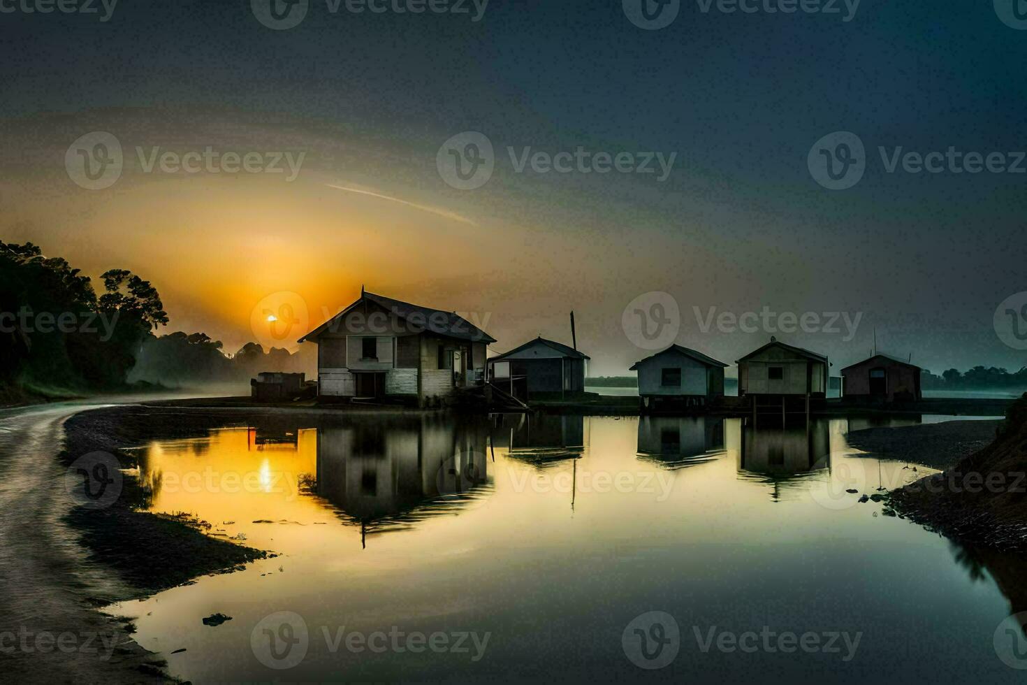 the sun rises over a lake with several small houses. AI-Generated photo