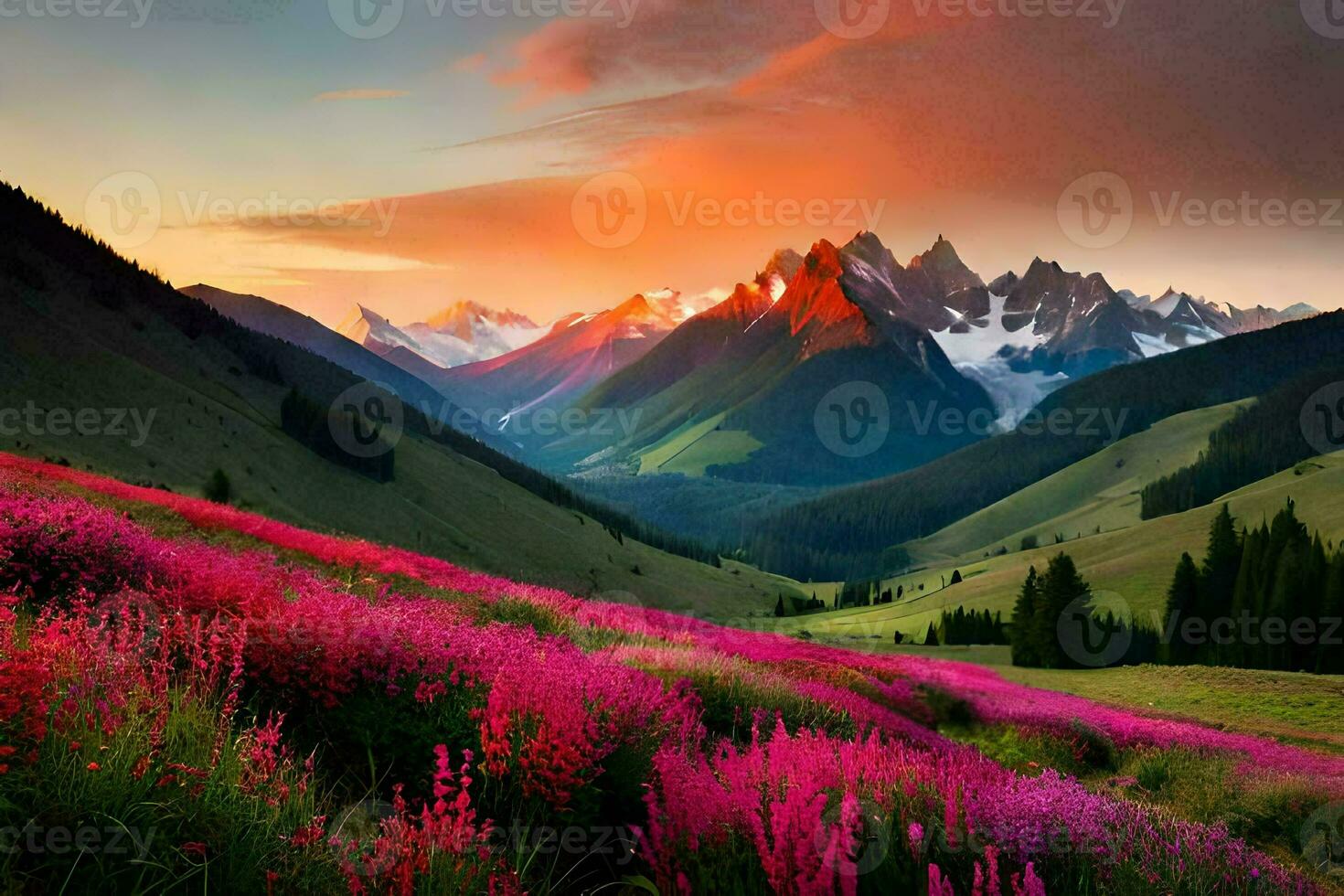 the sun sets over a mountain range with pink flowers. AI-Generated photo