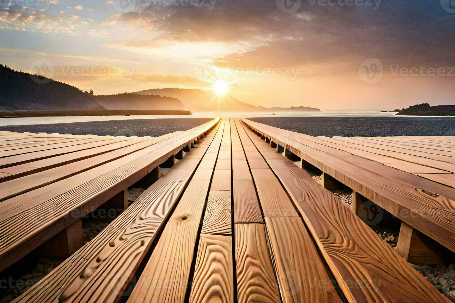 a wooden pier with the sun setting over the water. AI-Generated photo