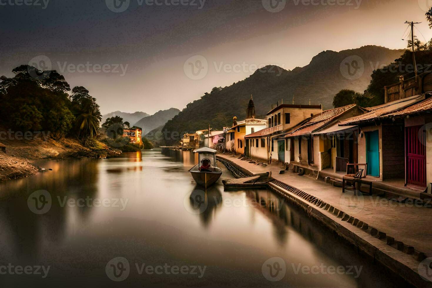 a river in the mountains with houses on the bank. AI-Generated photo