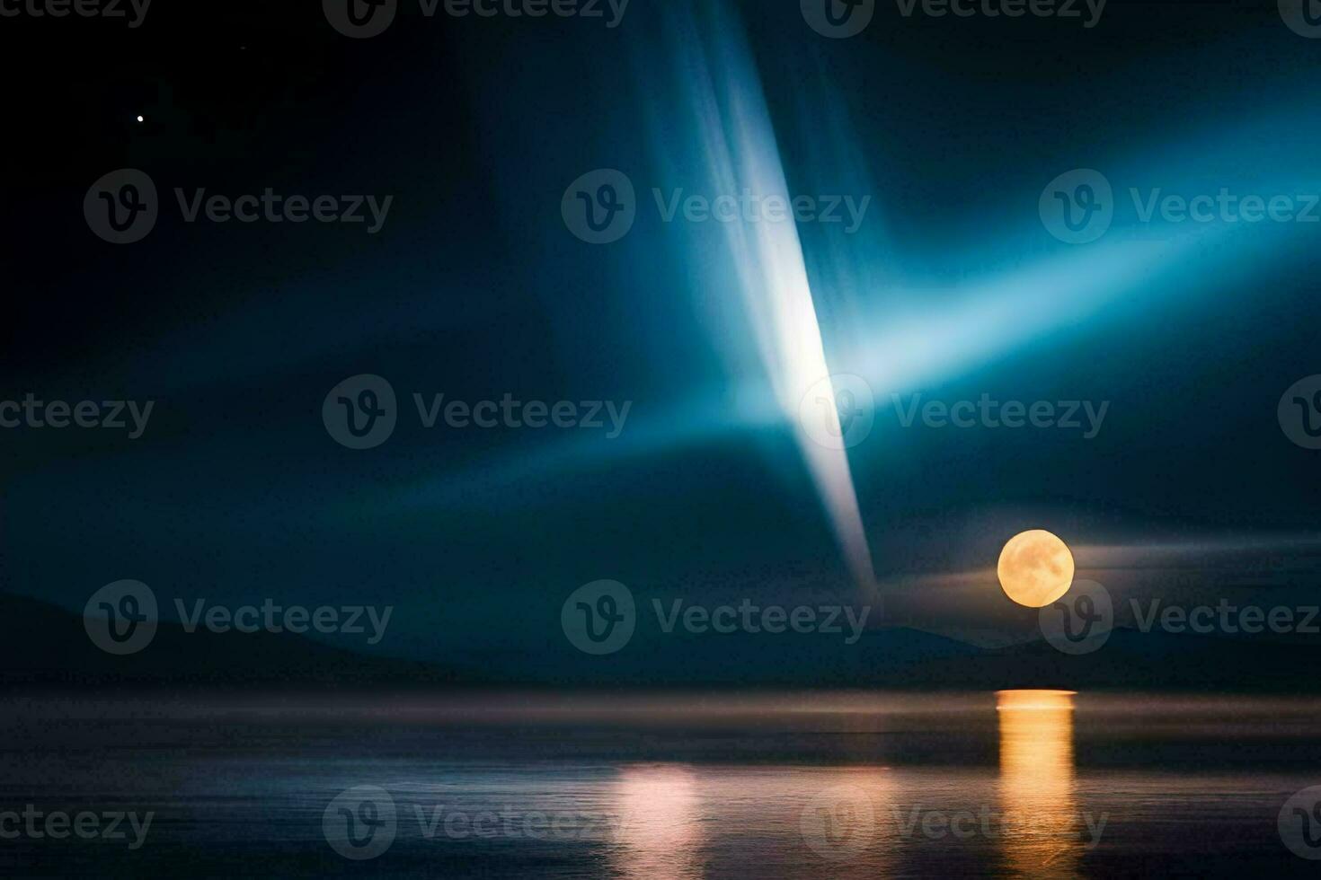 the moon is shining brightly over the water. AI-Generated photo