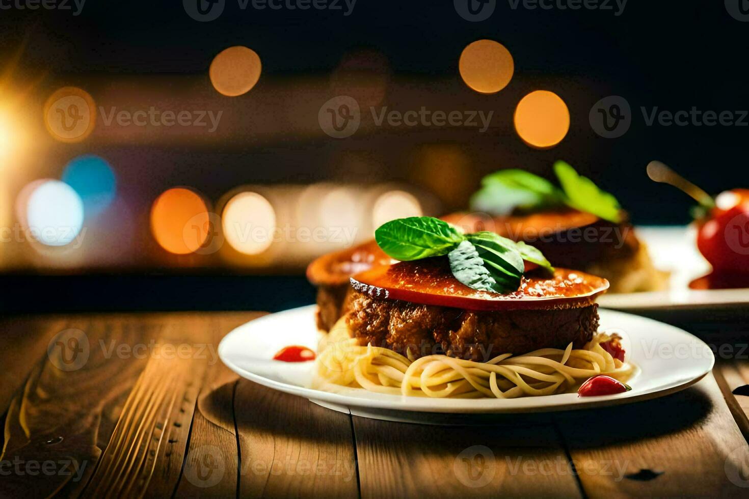 a plate of meat and spaghetti with a candle on the table. AI-Generated photo