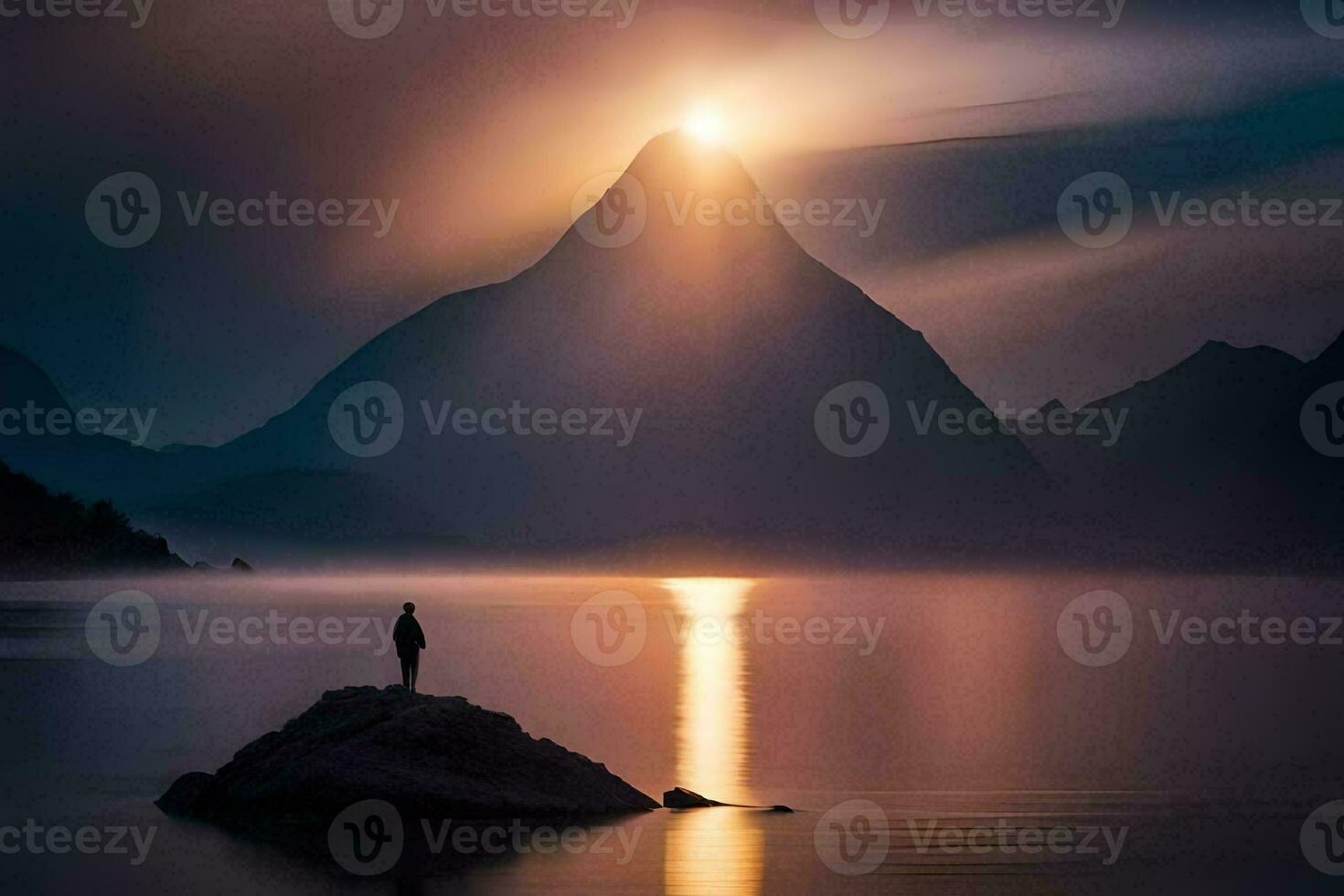 a man stands on a rock in front of a mountain at sunset. AI-Generated photo
