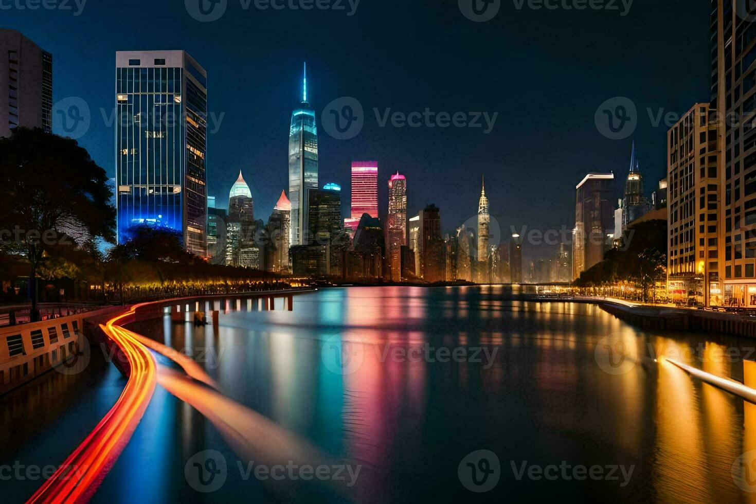 the city skyline at night with lights on the water. AI-Generated photo