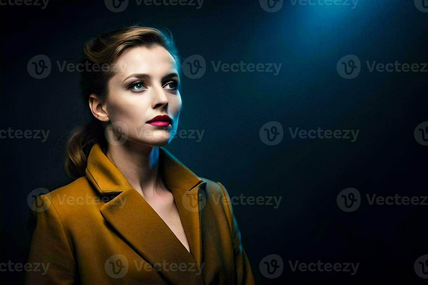 a woman in a yellow coat and red lipstick. AI-Generated photo