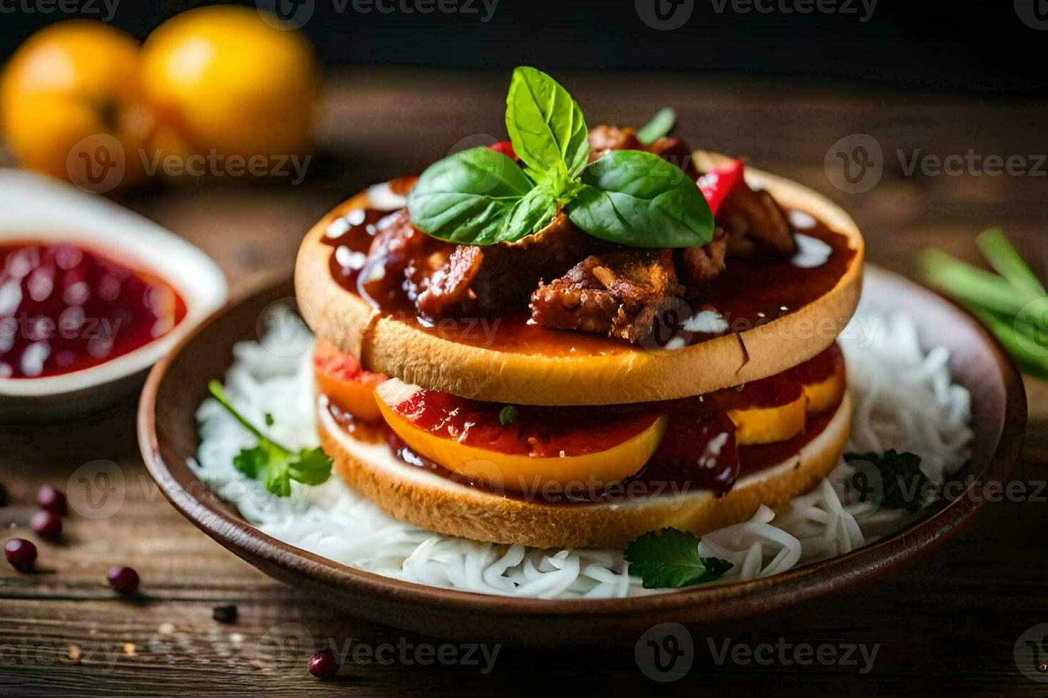a sandwich with meat and vegetables on top of rice. AI-Generated photo