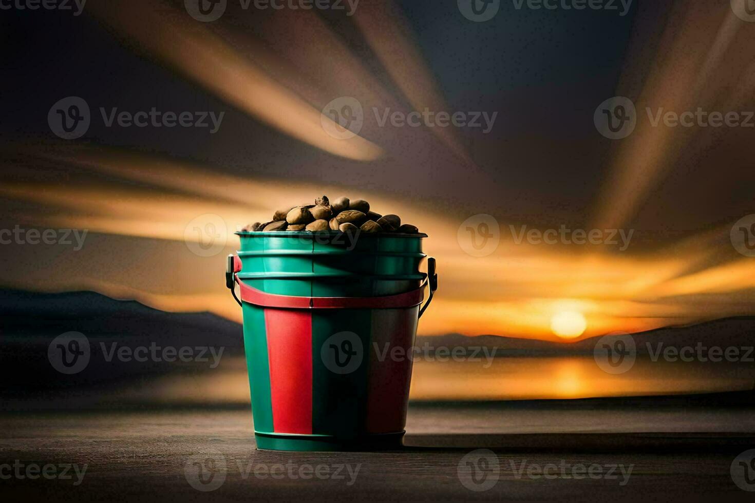 a bucket of nuts on a table with a sunset in the background. AI-Generated photo