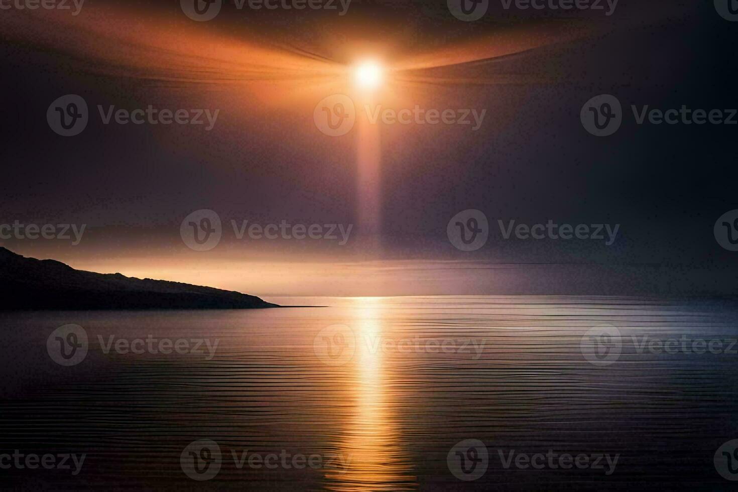the sun is shining over the water and a mountain. AI-Generated photo
