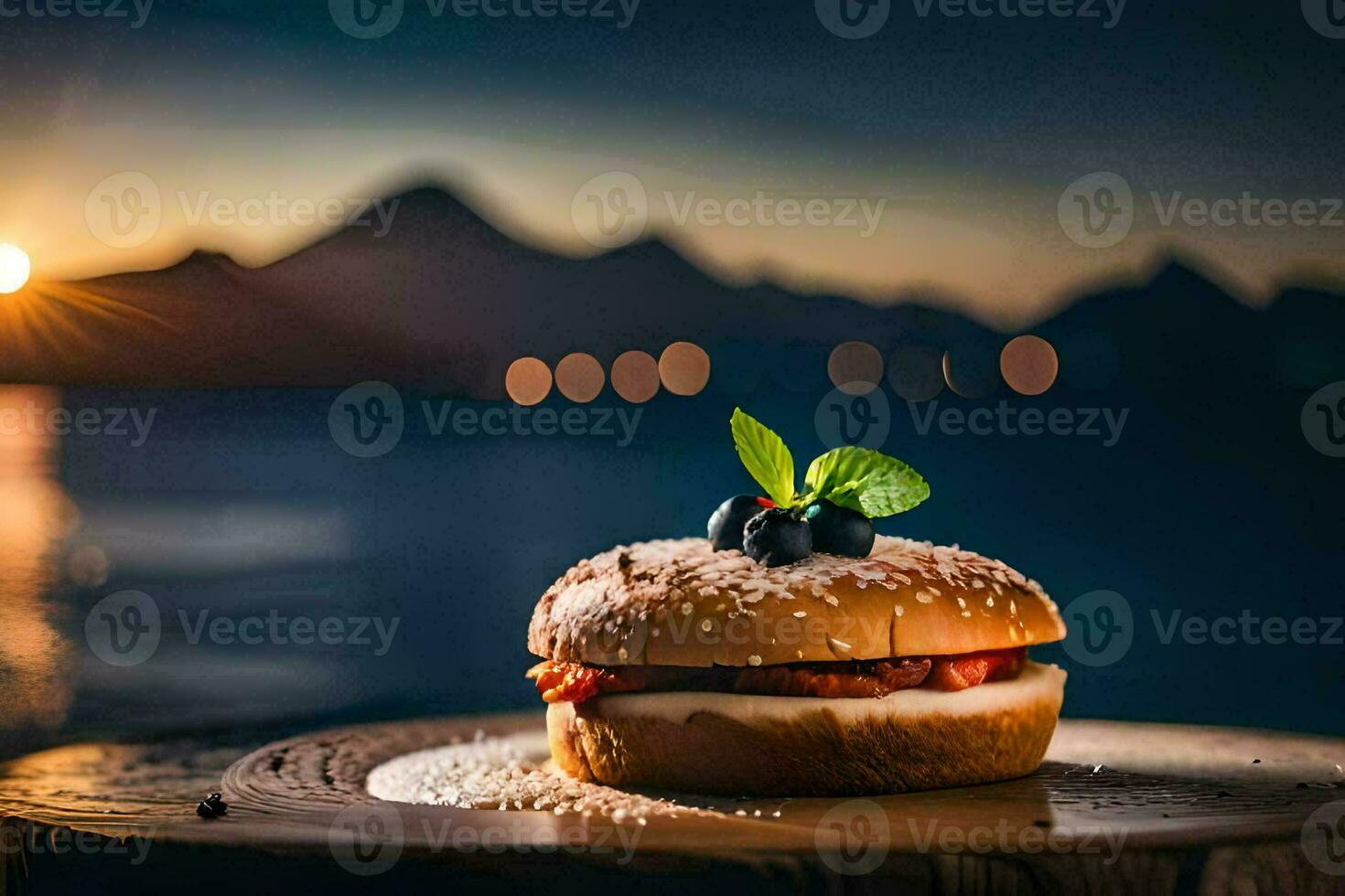 photo wallpaper food, the sun, food, hamburger, the sea, lake, mountains,. AI-Generated