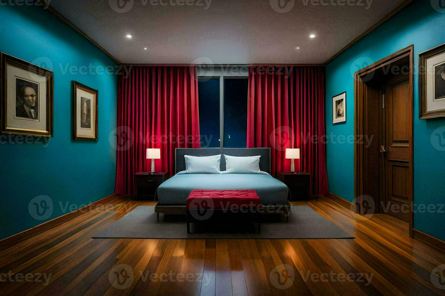 un dormitorio con azul paredes y rojo cortinas generado por ai foto