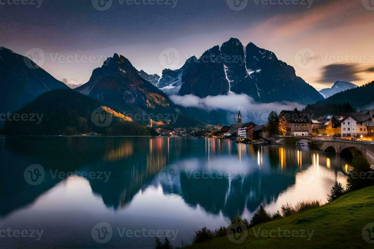 photo wallpaper mountains, the sky, lake, the city, the mountains, the city, the. AI-Generated