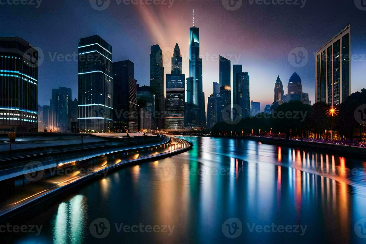 the city skyline at night with a river and lights. AI-Generated photo