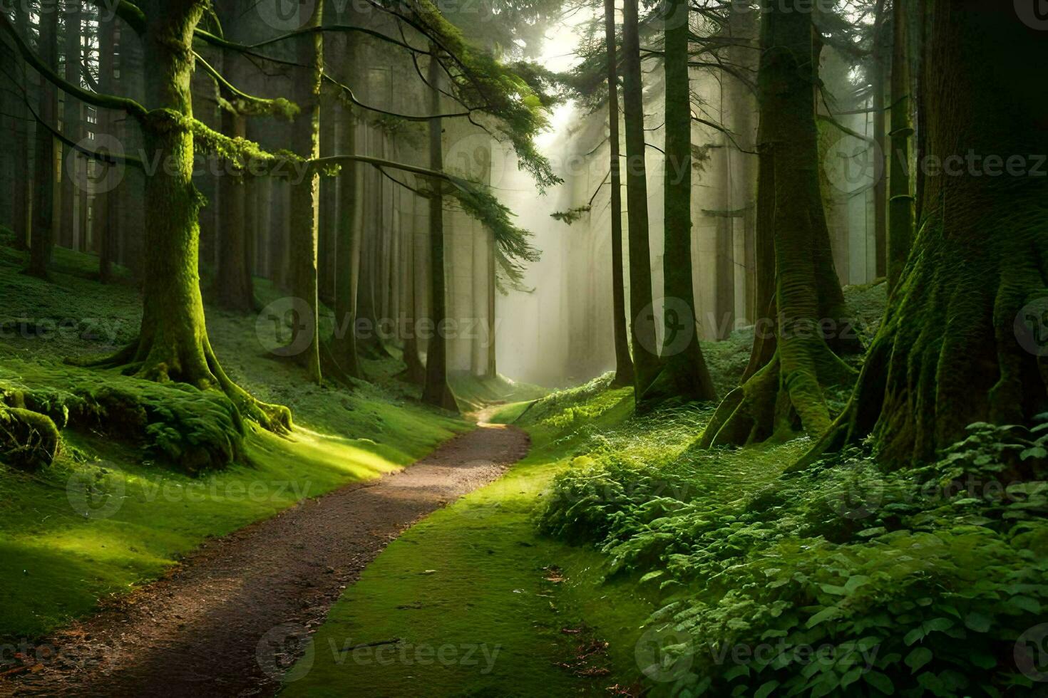 a path through a green forest with trees and grass. AI-Generated photo