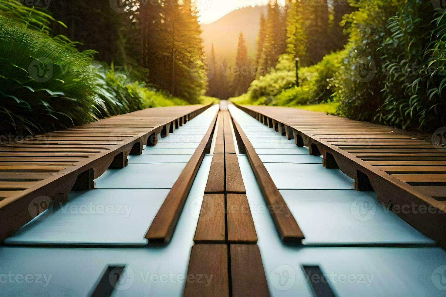 a railroad track in the middle of a forest. AI-Generated photo