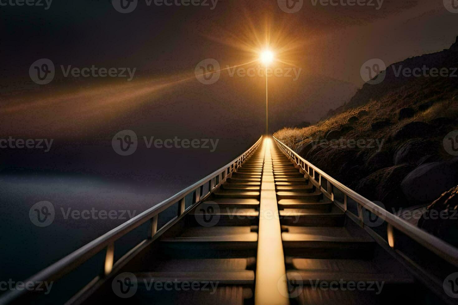 a long bridge with a light shining on it. AI-Generated photo