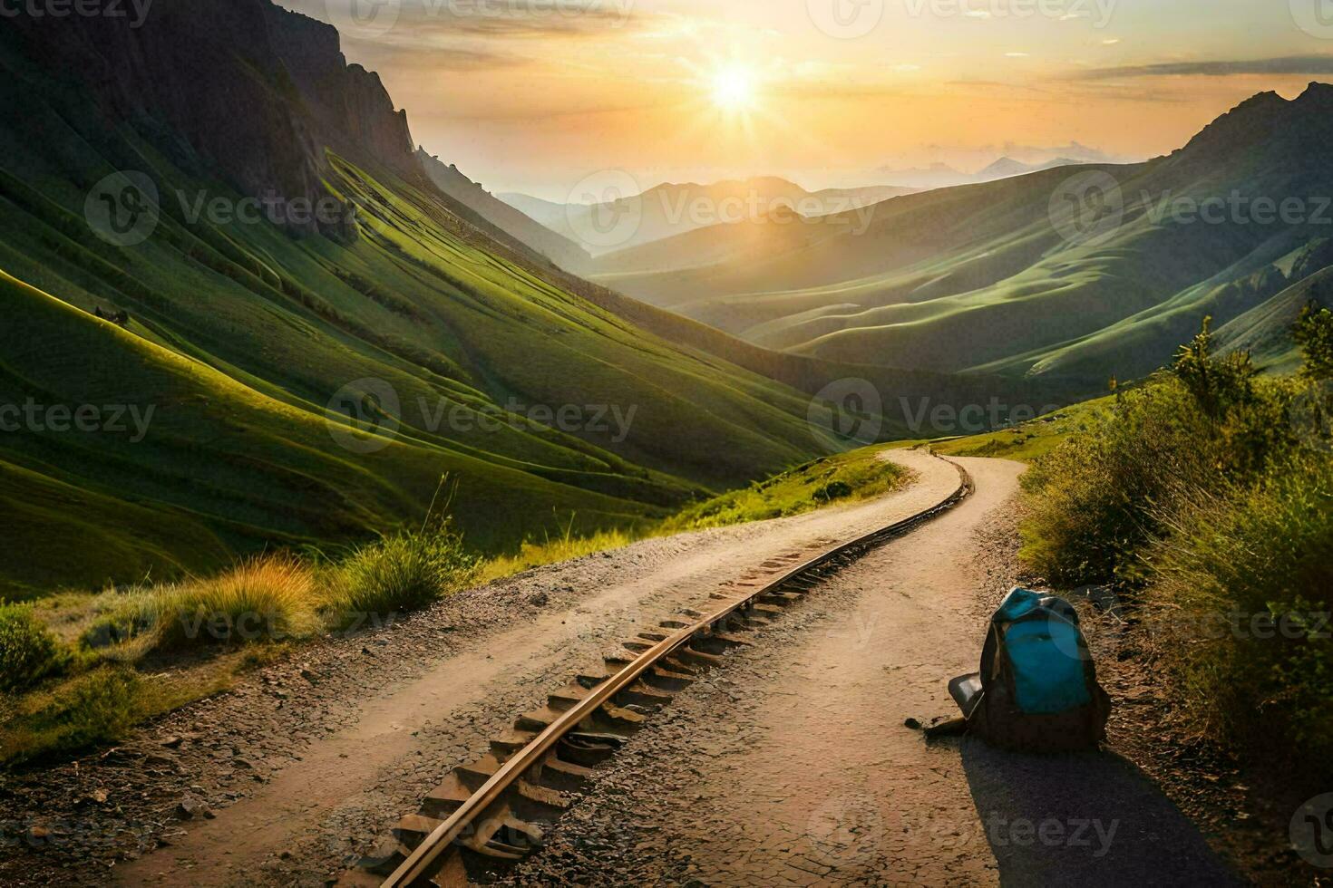 un persona sentado en el lado de un la carretera en el montañas. generado por ai foto