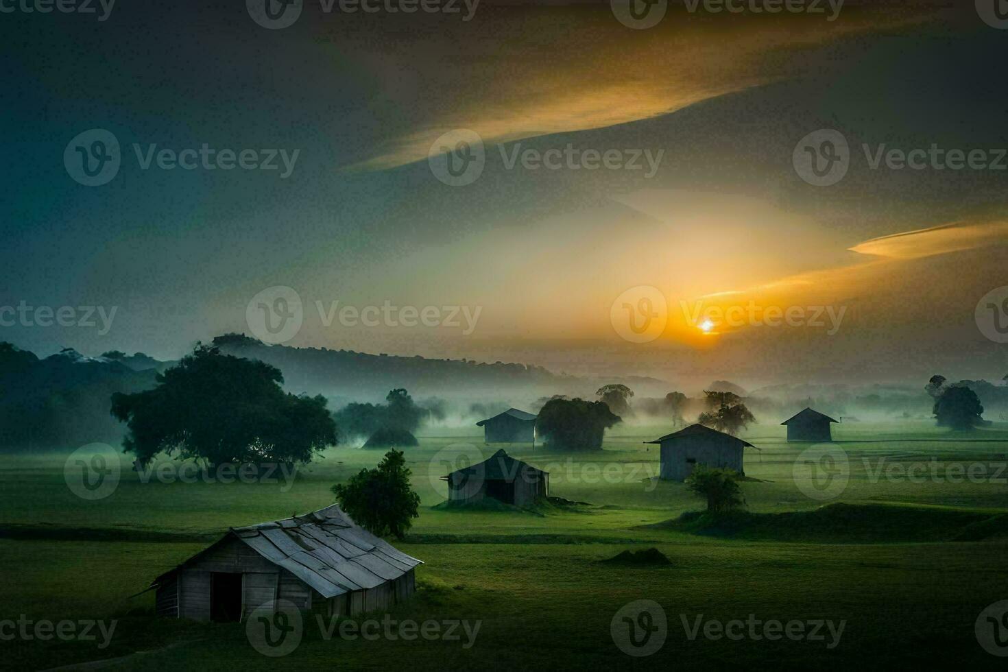 a sunrise over a field with small houses. AI-Generated photo