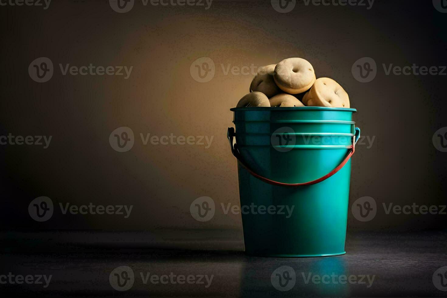 a bucket filled with doughnuts on a table. AI-Generated photo