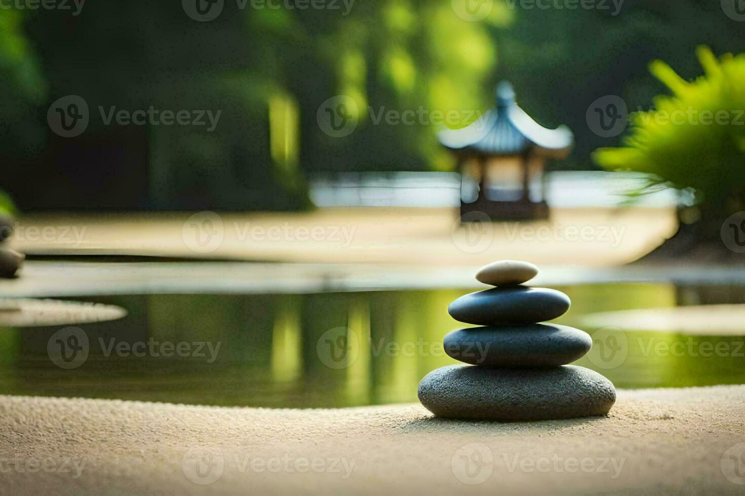 a stack of stones sits on the sand near a pond. AI-Generated photo