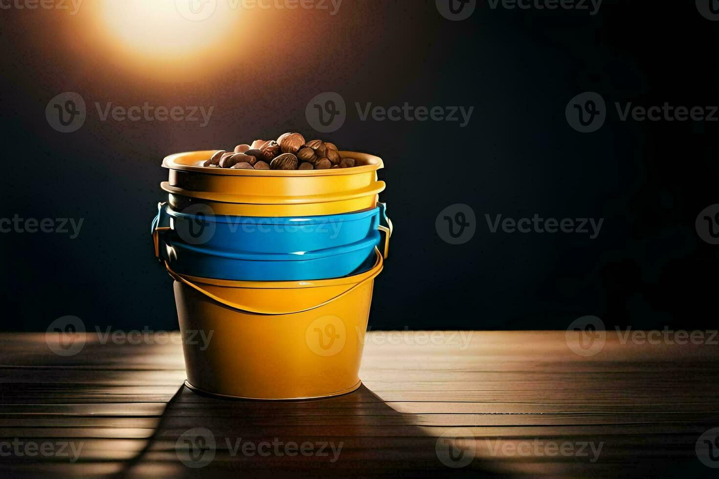 a bucket of nuts on a wooden table. AI-Generated photo