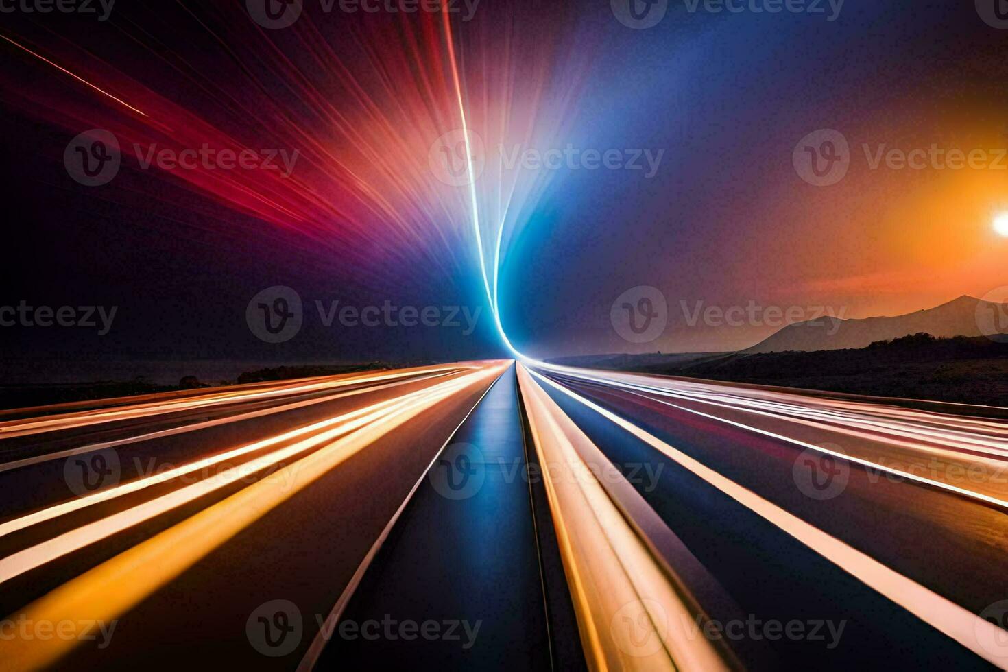 a long exposure photograph of a road at night. AI-Generated photo