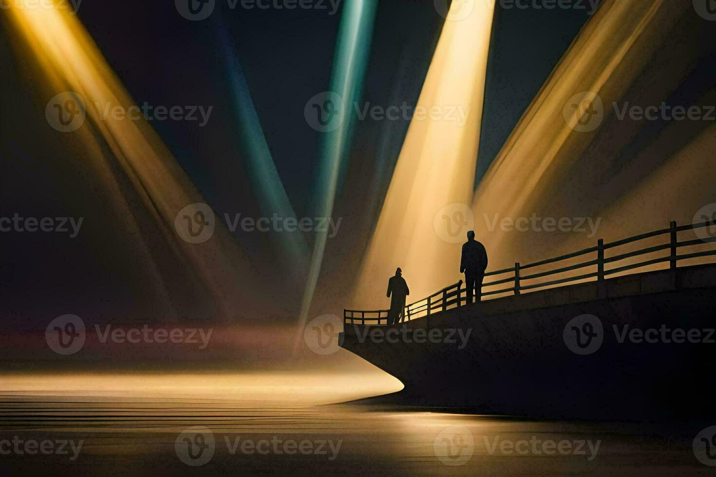 two people stand on a pier at night with beams of light. AI-Generated photo