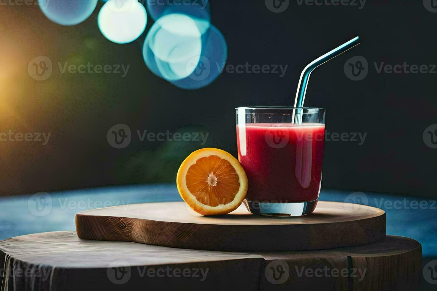 un vaso de jugo con un naranja rebanada en cima. generado por ai foto