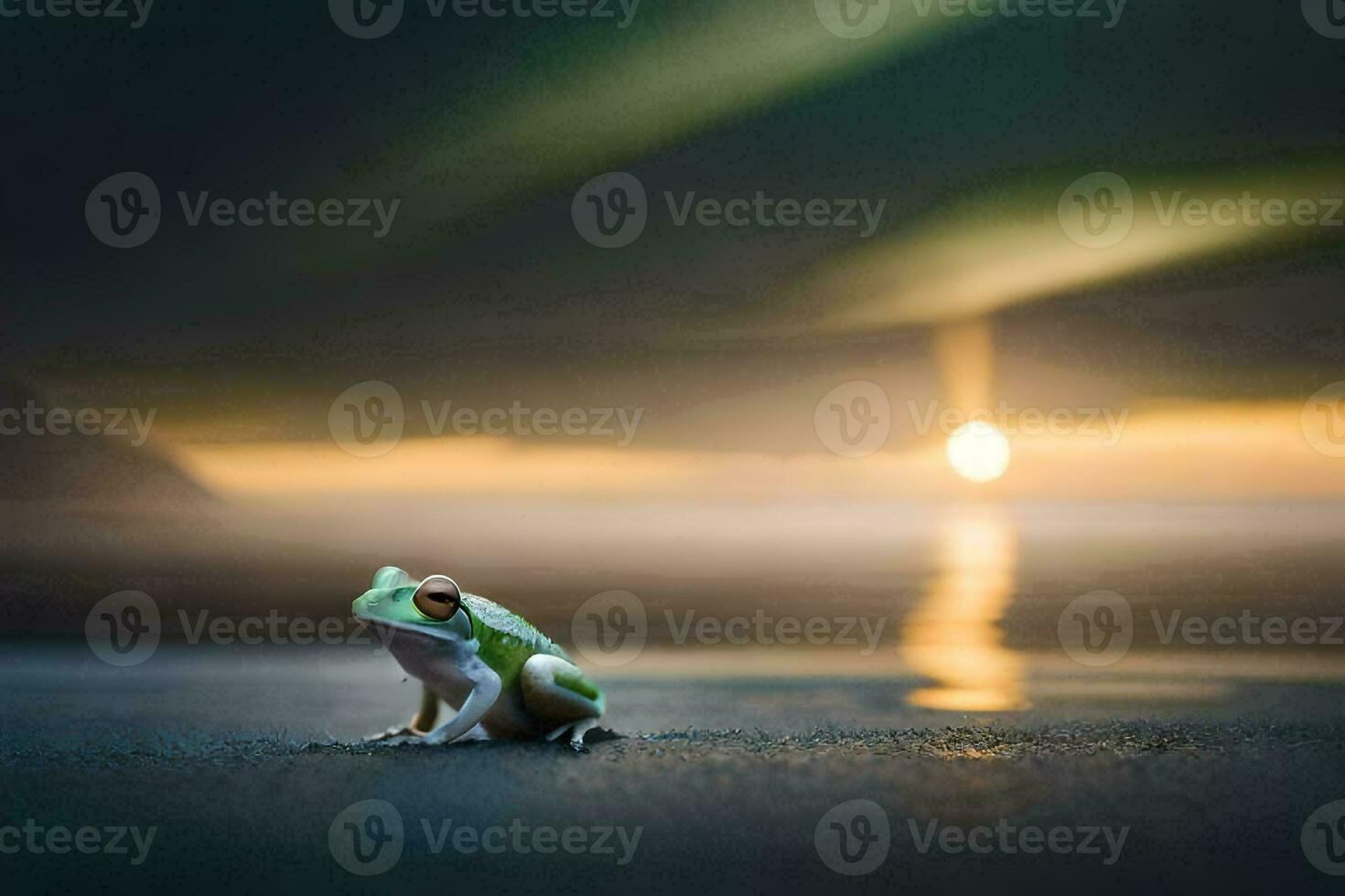 a frog sitting on the beach at sunset. AI-Generated photo