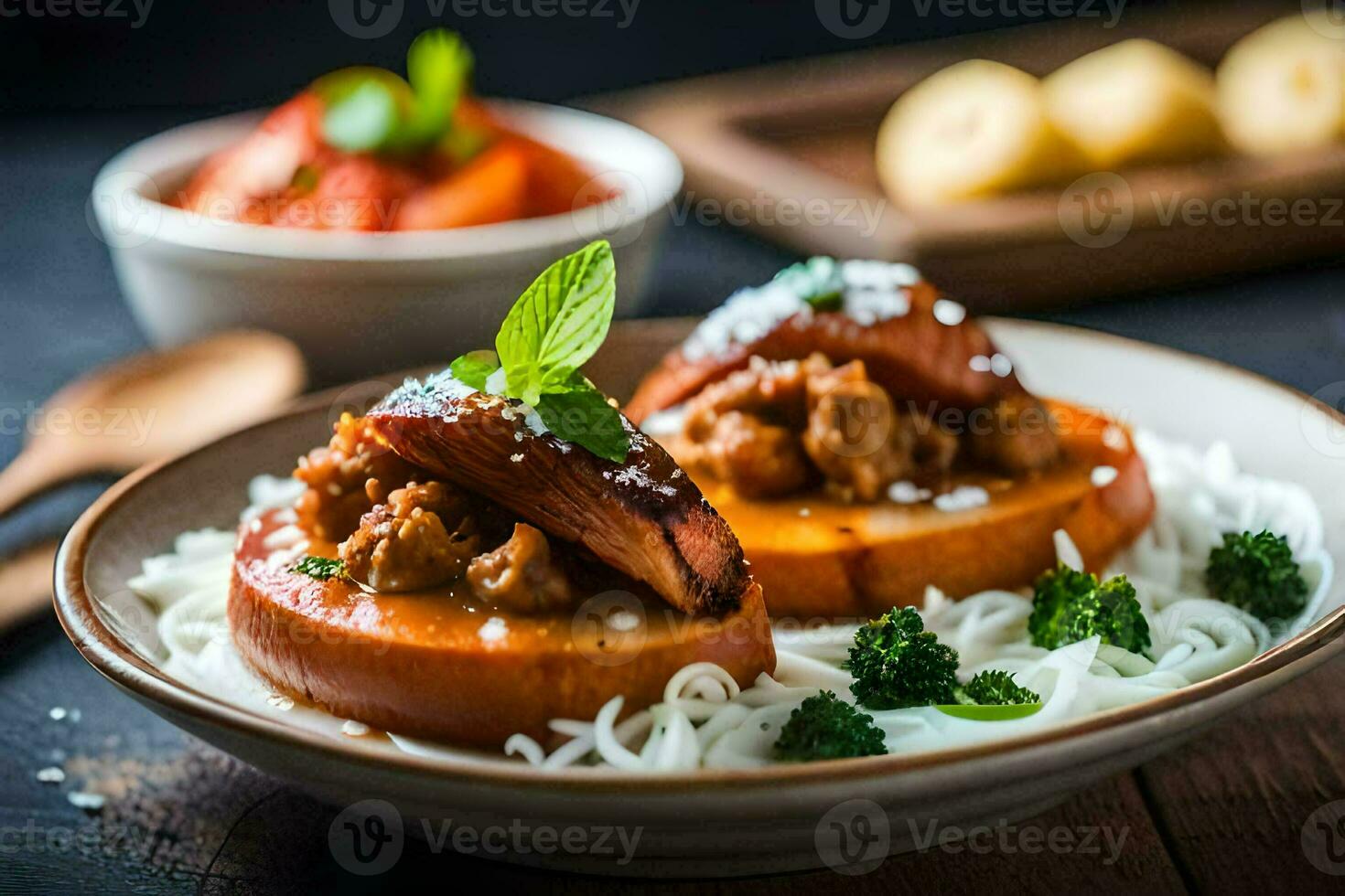 dos relleno pimientos en un plato con tallarines y vegetales. generado por ai foto